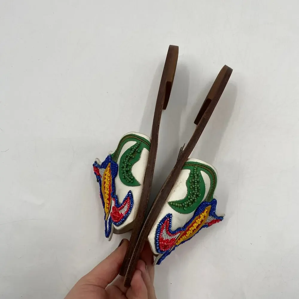 Tory Burch Multicolor Beads Embroidered Leather Bianca Slides Sandals